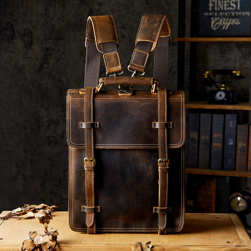 genuine leather cowhide backpack for casual use worn daily